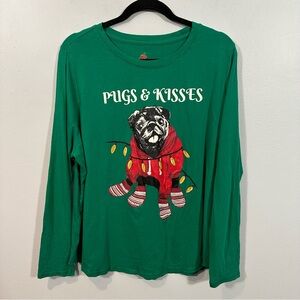 Green Long Sleeve Shirt with Pug Print Pugs & Kisses